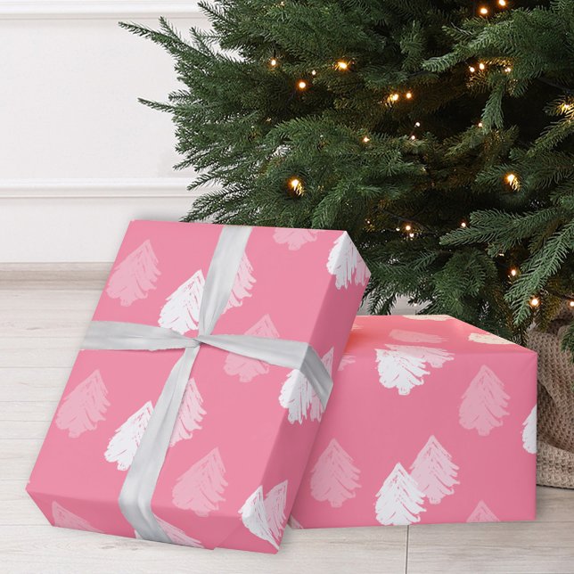 Papel De Presente Padrão de Árvore de Natal Branco Rosa (Criador carregado)