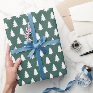 Papel De Presente Padrão de Árvore de Natal Branco Verde Escuro