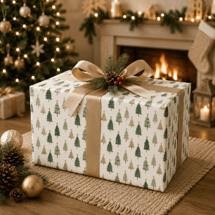 Papel De Presente Padrão de Árvore de Natal de Aquarela Minimalista