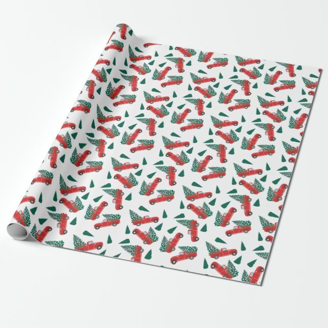 Papel De Presente Padrão de Árvore de Natal de Caminhão Vintage Verm (Desenrolado)