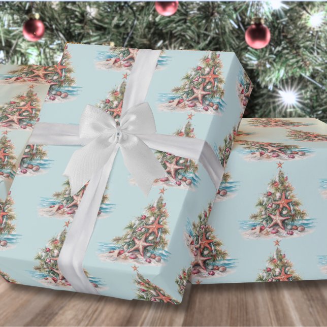 Papel De Presente Padrão de Árvore de Natal de Praia (Beach Shell Christmas Tree Pattern Wrapping Paper)