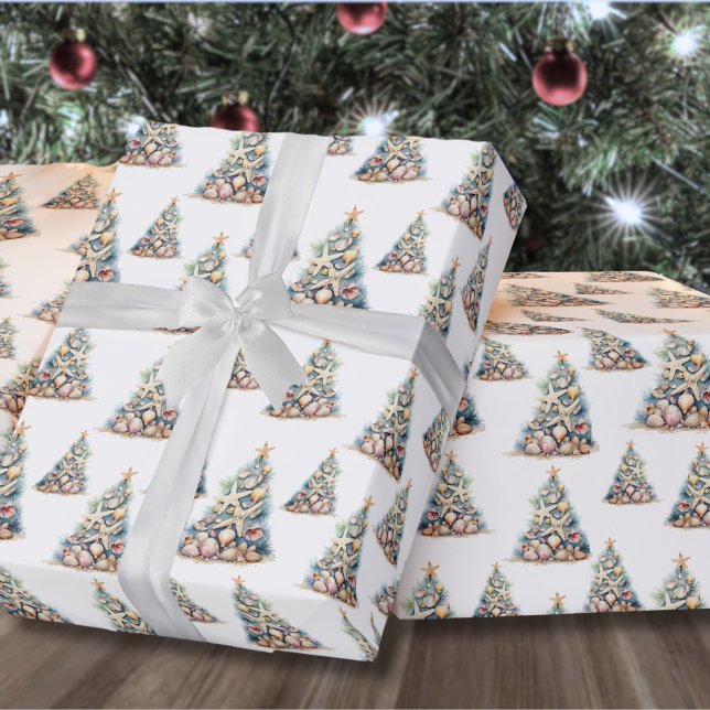 Papel De Presente Padrão de Árvore de Natal de Praia (Beach Starfish Christmas Tree Pattern Wrapping Paper)