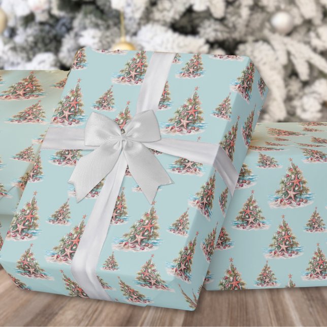 Papel De Presente Padrão de Árvore de Natal de Praia (Beach Christmas Tree Shell Pattern Wrapping Paper)