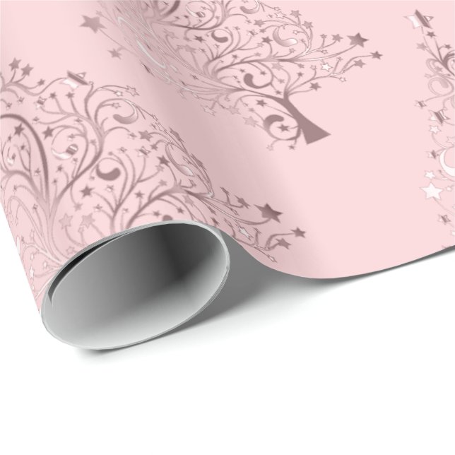 Papel De Presente Padrão de Árvore de Natal Dourada e Elegante Rosa  (Ponta do rolo)