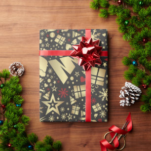 Papel De Presente Padrão de Árvore de Natal Elegante Dourado e Ver