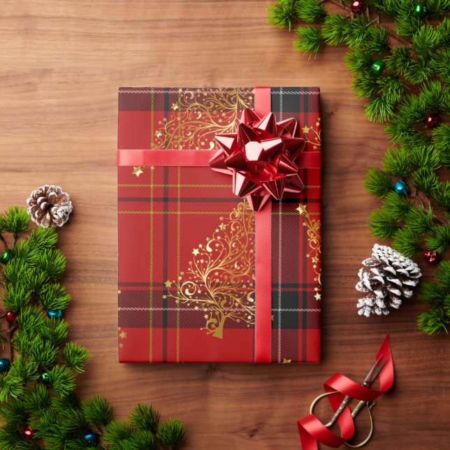 Papel De Presente Padrão de Árvore de Natal Elegante Dourado e Xadre (Presente de Natal)