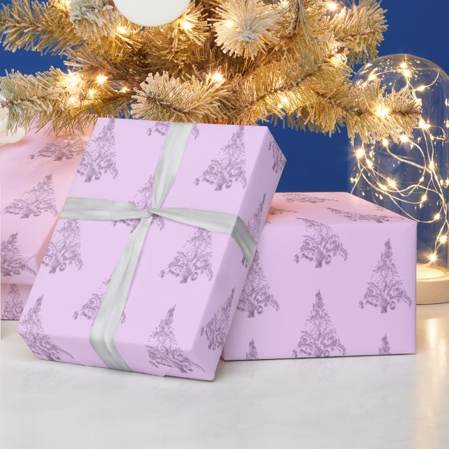 Papel De Presente Padrão de Árvore de Natal Elegante rosa (Feriados)
