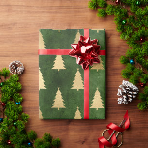 Papel De Presente Padrão de árvore de Natal Elegante verde e dourado