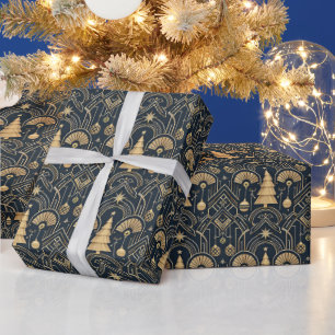 Papel De Presente Padrão de árvore de Natal em azul marinho Art Déco