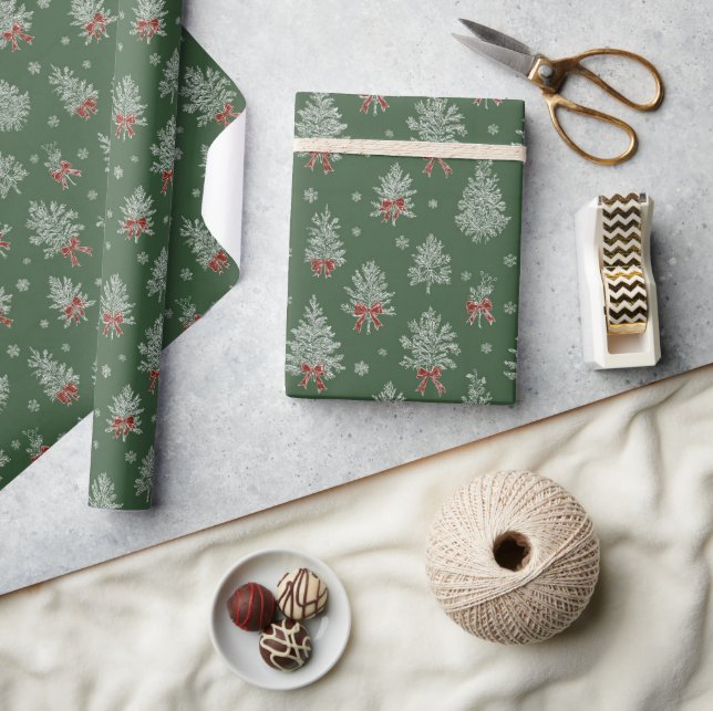 Papel De Presente Padrão de Árvore de Natal em Toile Verde (Artesanato)