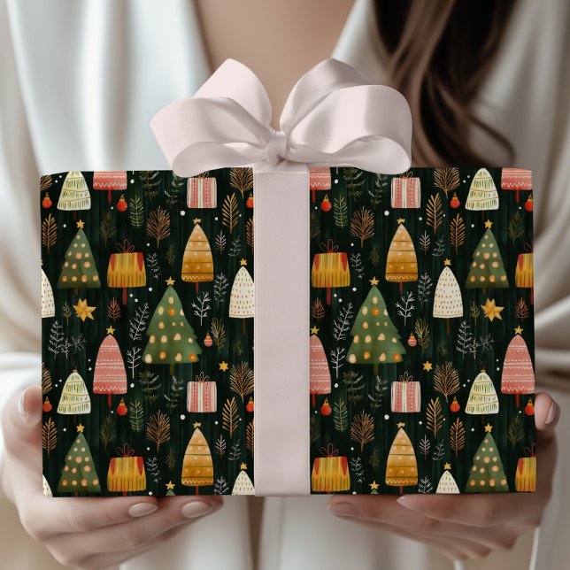 Papel De Presente Padrão de árvore de Natal encantada da floresta ve (Criador carregado)