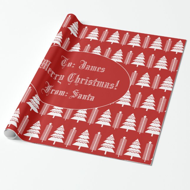 Papel De Presente Padrão de Árvore de Natal feliz Vermelho e Branco  (Desenrolado)