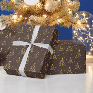 Papel De Presente Padrão de árvore de Natal marrom elegante dourado