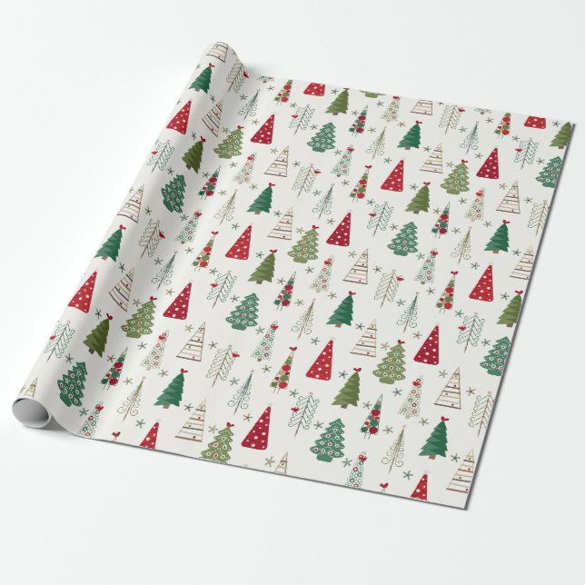 Papel De Presente Padrão de Árvore de Natal Mínimo Moderno Verde Ver (Desenrolado)