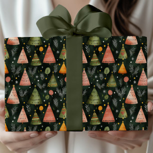 Papel De Presente Padrão de árvore de Natal nórdica verde floresta p
