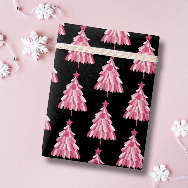 Papel De Presente Padrão de Árvore de Natal Preta Rosa Moderno (Pink and black Christmas tree wrapping paper.)