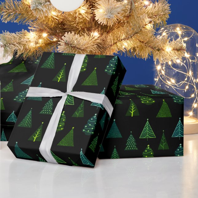 Papel De Presente Padrão de Árvore de Natal Preto e Verde (Feriados)