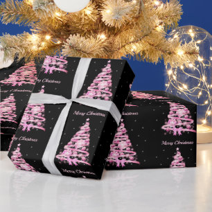 Papel De Presente Padrão de Árvore de Natal Rosa Elegante preto