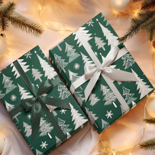 Papel De Presente Padrão de árvore de Natal verde cinza elegante