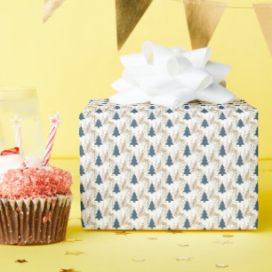 Papel De Presente Padrão de árvore de Natal verde dourado em branco