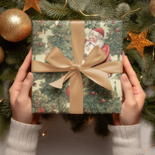 Papel De Presente Padrão de Árvore de Natal Vintage Santa Claus