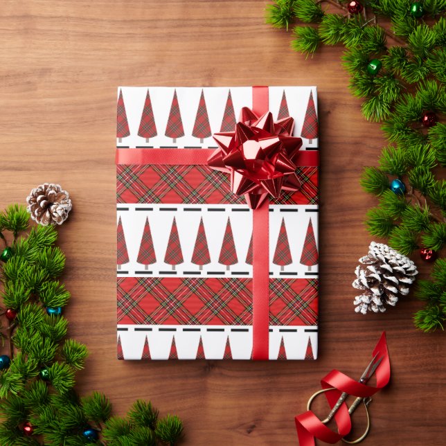 Papel De Presente Padrão de árvore de Natal xadrez vermelho moderno (Presente de Natal)