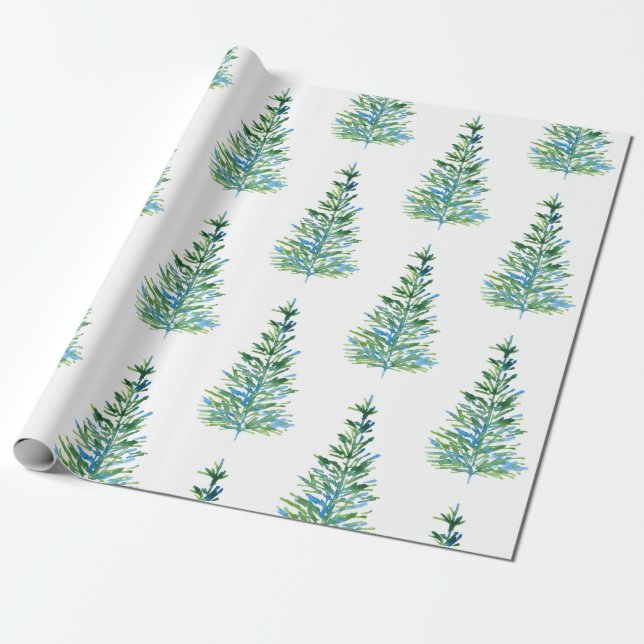 Papel De Presente Padrão de Árvore de Pinheiros Verde Azul (Desenrolado)