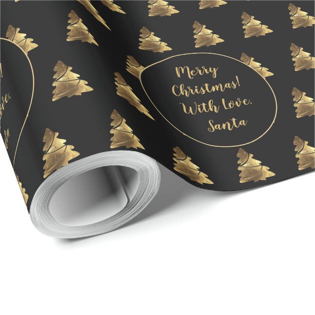 Papel De Presente Padrão de Árvore Feliz de Natal Dourado Elegante (Ponta do rolo)