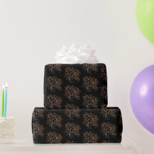 Papel De Presente Padrão de árvore preto e dourado para o Halloween