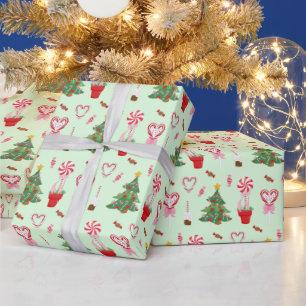 Papel De Presente Padrão de Árvores de Natal com Doces