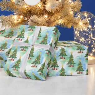Papel De Presente Padrão de Árvores de Natal com Tinta Alcoólica e A