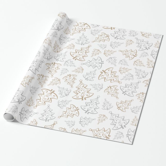 Papel De Presente Padrão de Árvores de Natal Elegantes Castanho e Pr (Desenrolado)