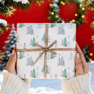 Papel De Presente Padrão de Árvores de Natal em Aquarela Escandinava