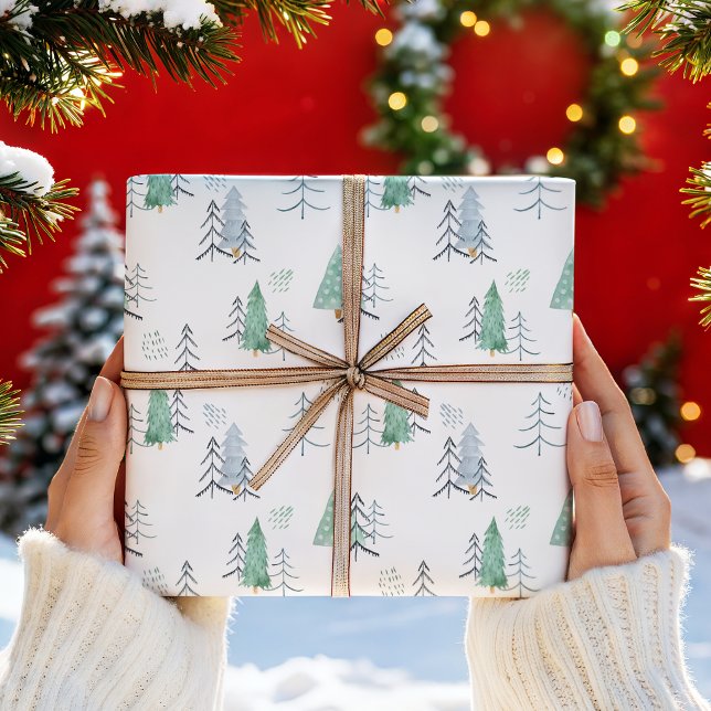 Papel De Presente Padrão de Árvores de Natal em Aquarela Escandinava (Criador carregado)