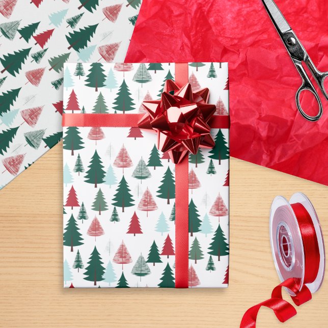 Papel De Presente Padrão de Árvores de Natal Escandinavas Floresta d (Christmas gift wrapping paper, patterned with red, green and mint pine trees on a white background)