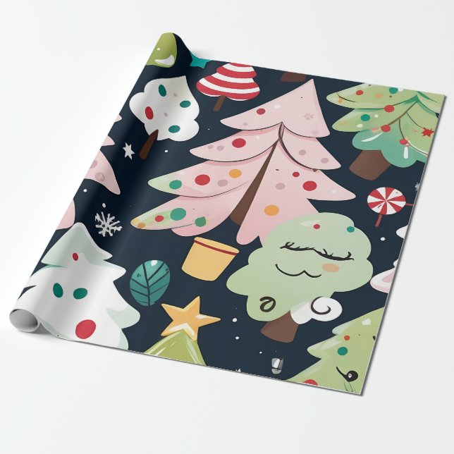 Papel De Presente Padrão de Árvores de Natal Festivas (Desenrolado)