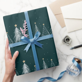 Papel De Presente Padrão de Árvores de Natal Verde Escuro Elegante