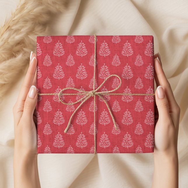 Papel De Presente Padrão de Árvores de Natal Vermelhas Rústicas Vint (Criador carregado)