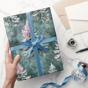Papel De Presente Padrão de Árvores de Pinheiros Verde e Rosa