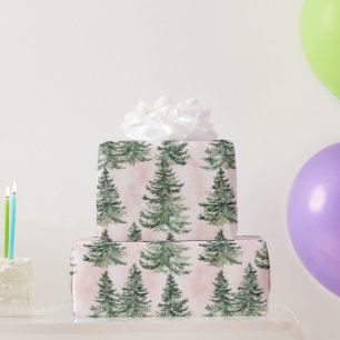 Papel De Presente Padrão de Árvores de Pinheiros Verde e Rosa