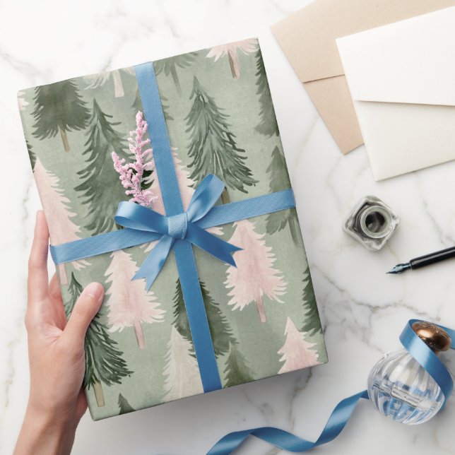 Papel De Presente Padrão de Árvores de Pinheiros Verde e Rosa (Presentear)