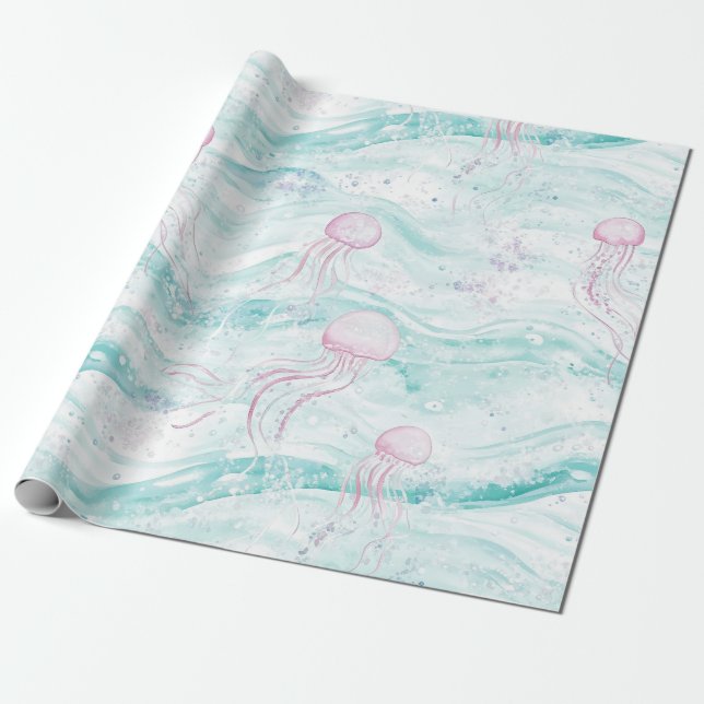Papel De Presente Padrão de Aventura Subaquática de Água-Viva (Desenrolado)