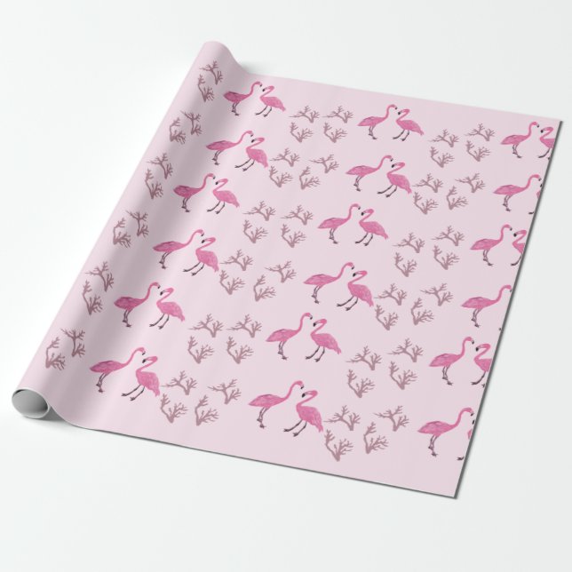 Papel De Presente Padrão de Aves Flamingo Rosa (Desenrolado)