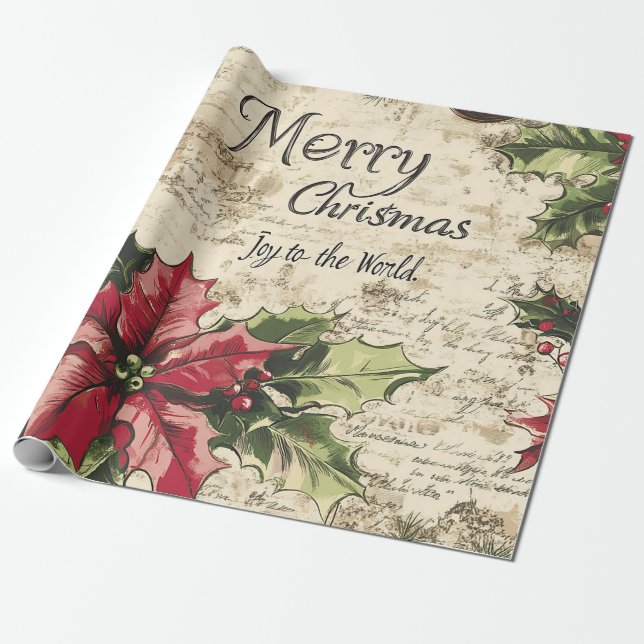 Papel De Presente Padrão de Azevinho de Natal Vintage do Velho Mundo (Desenrolado)