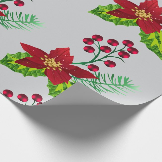 Papel De Presente Padrão de Azevinho e Poinsettia (Ponta)