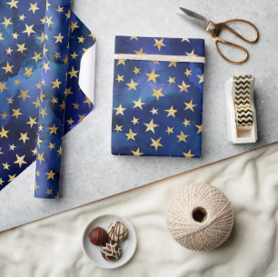 Papel De Presente Padrão de azul aquarela com estrelas douradas