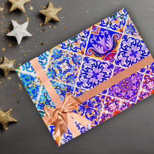 Papel De Presente Padrão de Azulejo Azul Roxo Siciliano Mediterrâneo