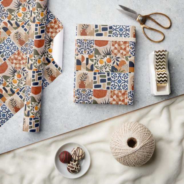 Papel De Presente Padrão de Azulejo Boho Mediterrâneo (Artesanato)