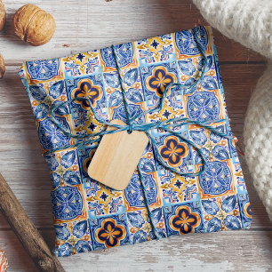 Papel De Presente Padrão de Azulejo Cerâmico Siciliano Branco Azul I