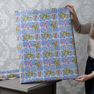 Papel De Presente Padrão de Azulejo de Citrino Siciliano Azul Amarel